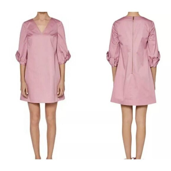 TED BAKER WOMEN TUNIC V-NECK DRESS DUSTY PINK BOW SOLYANE SIZE 0 (US 2) - Picture 1 of 5